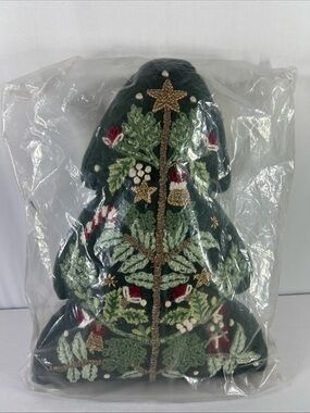 Pottery Barn Nostalgic Embroidered Christmas Tree Shaped Decorative Pillow NIB